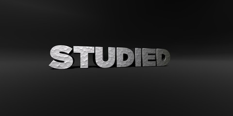 STUDIED - hammered metal finish text on black studio - 3D rendered royalty free stock photo. This image can be used for an online website banner ad or a print postcard.