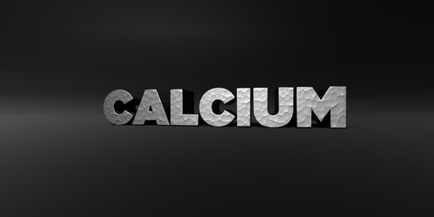CALCIUM - hammered metal finish text on black studio - 3D rendered royalty free stock photo. This image can be used for an online website banner ad or a print postcard.