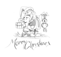 Merry Christmas! Cartoon Style Hand Sketchy drawing of a funny Santa Claus holding rabbit and snowmen holding a gift pack with white background, vector illustration