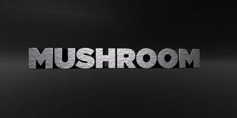 MUSHROOM - hammered metal finish text on black studio - 3D rendered royalty free stock photo. This image can be used for an online website banner ad or a print postcard.