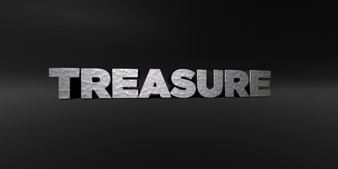 TREASURE - hammered metal finish text on black studio - 3D rendered royalty free stock photo. This image can be used for an online website banner ad or a print postcard.