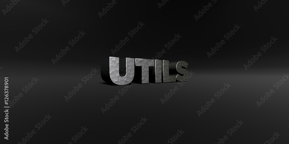 Fototapete UTILS - hammered metal finish text on black studio - 3D rendered royalty free stock photo. This image can be used for an online website banner ad or a print postcard.