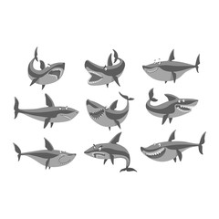 Fototapeta premium Vector shark character set.
