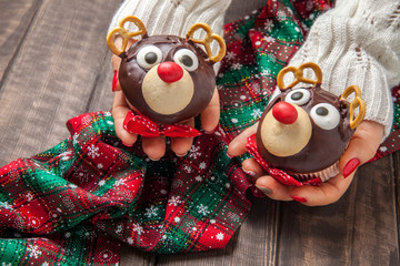 Funny Christmas reindeer cupcakes