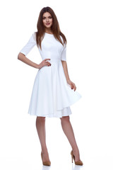 Woman in white short dress fashion catalog clothing beauty
