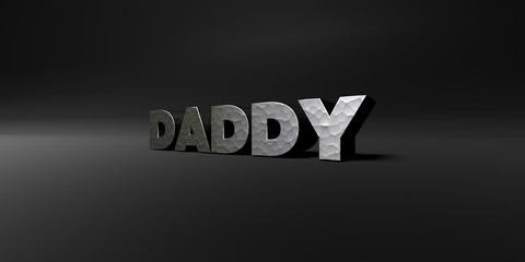 DADDY - hammered metal finish text on black studio - 3D rendered royalty free stock photo. This image can be used for an online website banner ad or a print postcard.