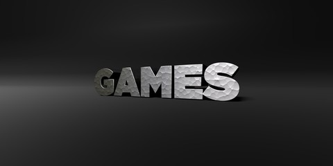 GAMES - hammered metal finish text on black studio - 3D rendered royalty free stock photo. This image can be used for an online website banner ad or a print postcard.