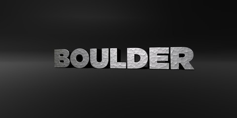 BOULDER - hammered metal finish text on black studio - 3D rendered royalty free stock photo. This image can be used for an online website banner ad or a print postcard.