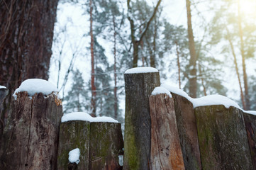 Fototapeta premium Snowy rustic fence in the countryside. The snow sparkles in the sun.
