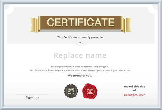 Gold certificate template. Education diploma with gold text. sam