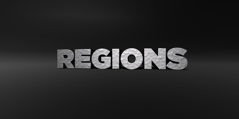 Obraz premium REGIONS - hammered metal finish text on black studio - 3D rendered royalty free stock photo. This image can be used for an online website banner ad or a print postcard.