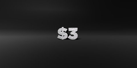 $3 - hammered metal finish text on black studio - 3D rendered royalty free stock photo. This image can be used for an online website banner ad or a print postcard.