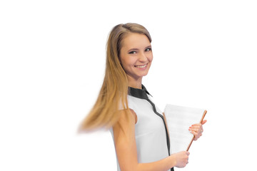 Business woman portrait. A with folder in hands on white background