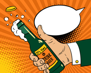 It's time to drink beer. Pop art background with male hand with thumb up holding a beer bottle with cork and foam flying out and speech bubble. Vector hand drawn illustration in retro comic style.