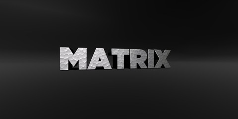 MATRIX - hammered metal finish text on black studio - 3D rendered royalty free stock photo. This image can be used for an online website banner ad or a print postcard.