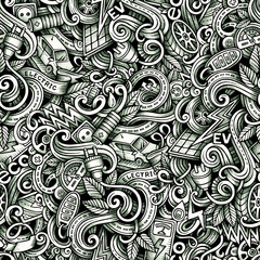 Cartoon doodles Electric cars season trace seamless pattern