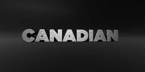 CANADIAN - hammered metal finish text on black studio - 3D rendered royalty free stock photo. This image can be used for an online website banner ad or a print postcard.