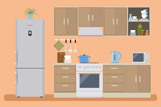 Kitchen in a orange color. There is a kitchen furniture of a beige color, a refrigerator, a microwave and other objects in the picture. Vector flat illustration