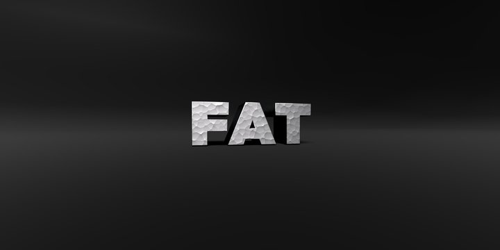 FAT - hammered metal finish text on black studio - 3D rendered royalty free stock photo. This image can be used for an online website banner ad or a print postcard.
