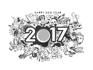 Happy new year 2017 Doodle design elements for holiday cards, for decorations Vector Illustration background