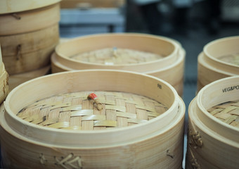 Dim sum bamboo basket containers in Chinese kitchen