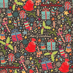 Christmas and New Year vector seamless pattern with gifts, candies, stars and snowflakes. Multi colored doodles on grey background. Can be use for Christmas card and wrapping paper design.