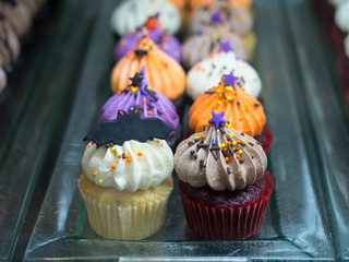 Close up of fancy halloween cupcakes with bat on top
