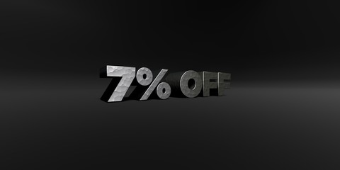 7% OFF - hammered metal finish text on black studio - 3D rendered royalty free stock photo. This image can be used for an online website banner ad or a print postcard.