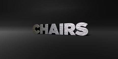 CHAIRS - hammered metal finish text on black studio - 3D rendered royalty free stock photo. This image can be used for an online website banner ad or a print postcard.