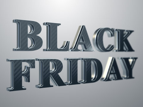 Black Friday metallic extruded text 3D rendered with depth of field