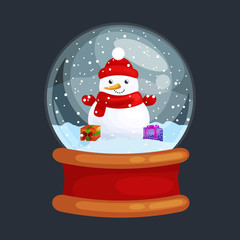 christmas snowman holding present in globe glass for xmas, winter holiday decoration, white snowman in hat and scarf for celebration new year vector illustration