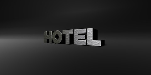 HOTEL - hammered metal finish text on black studio - 3D rendered royalty free stock photo. This image can be used for an online website banner ad or a print postcard.