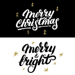 Set of Merry Christmas and Merry and Bright hand written lettering.