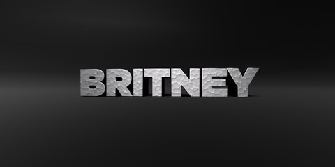 BRITNEY - hammered metal finish text on black studio - 3D rendered royalty free stock photo. This image can be used for an online website banner ad or a print postcard.