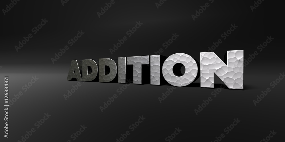Fototapete addition - hammered metal finish text on black studio - 3d rendered royalty free stock photo. this i
