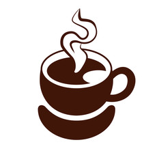 Stylized image of a cup of coffee with steam and saucer. Sign. Template of logotype. Coffee logo. Icon. Vector illustration.