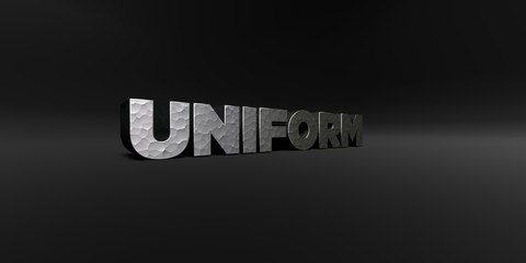 UNIFORM - hammered metal finish text on black studio - 3D rendered royalty free stock photo. This image can be used for an online website banner ad or a print postcard.