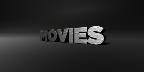 MOVIES - hammered metal finish text on black studio - 3D rendered royalty free stock photo. This image can be used for an online website banner ad or a print postcard.