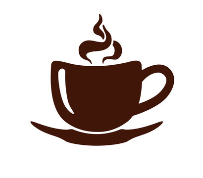 Stylized image of a cup of coffee with steam and saucer. Sign. Template of logotype. Coffee logo. Icon. Vector illustration.