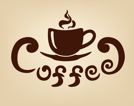 Stylized image of a cup of coffee with steam, saucer and inscription Coffee. Sign. Template of logotype. Coffee logo. Icon. Vector illustration.