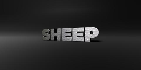 SHEEP - hammered metal finish text on black studio - 3D rendered royalty free stock photo. This image can be used for an online website banner ad or a print postcard.