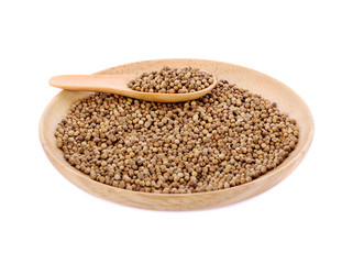 coriander seed in wooden spoon and wooden plate isolated on whit
