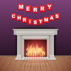 Christmas and Fireplace in cozy room. Realistic style design. Vector Illustration.
