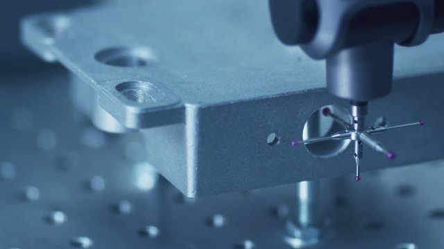 Coordinate Measuring Machine (CMM) Measures a Steed Detail with High Precision. Shot on RED Cinema Camera in 4K (UHD)