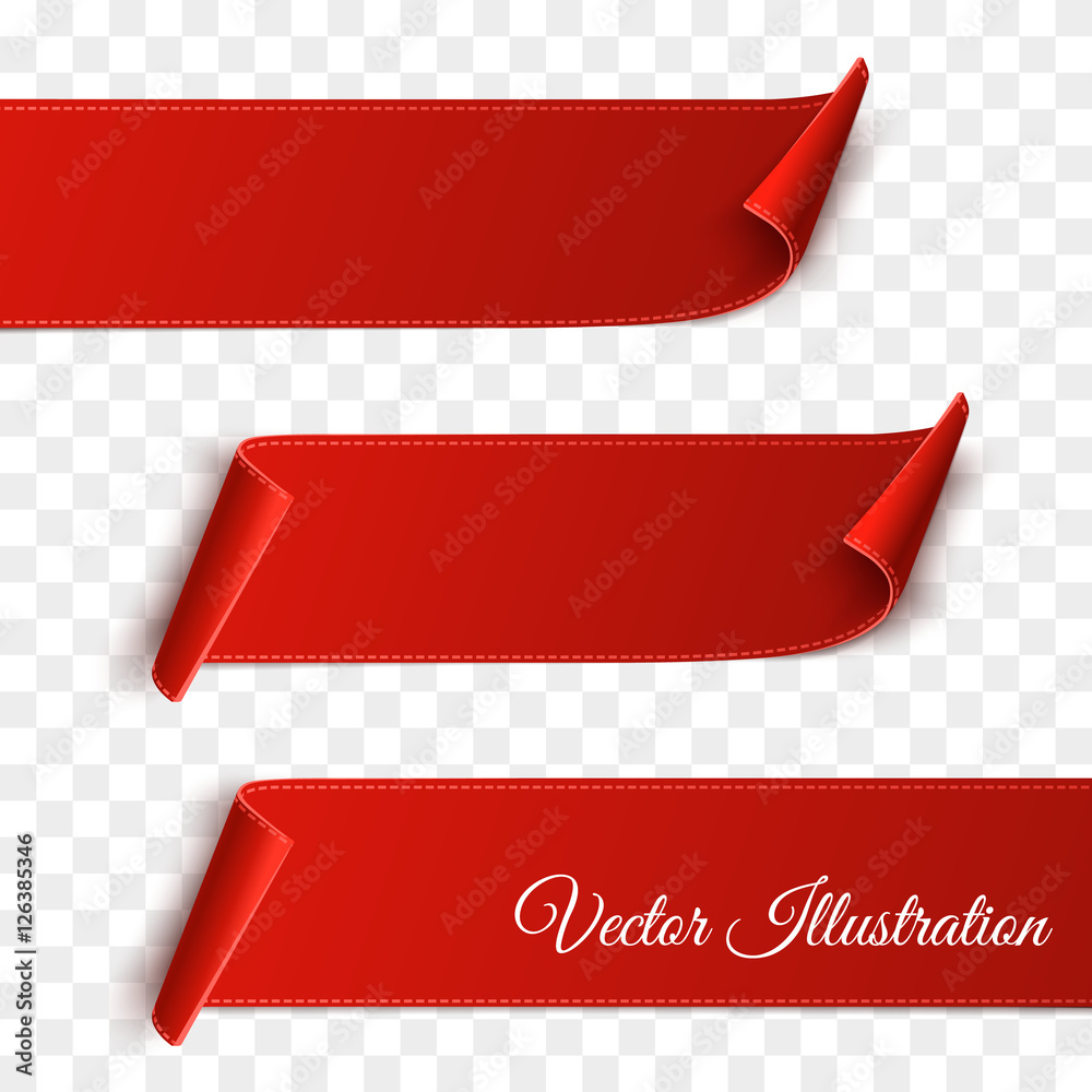 Poster set of red curved paper blank banners isolated on transparent background. vector