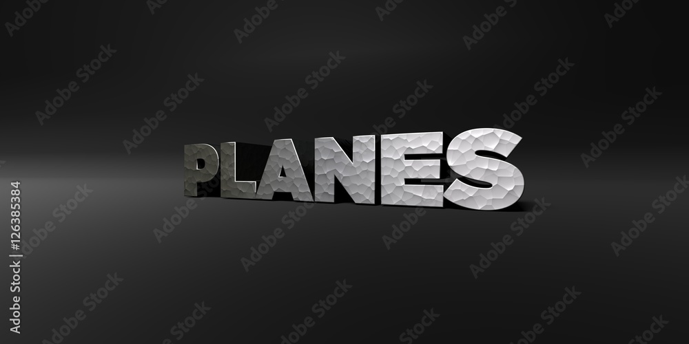 Fototapete planes - hammered metal finish text on black studio - 3d rendered royalty free stock photo. this ima