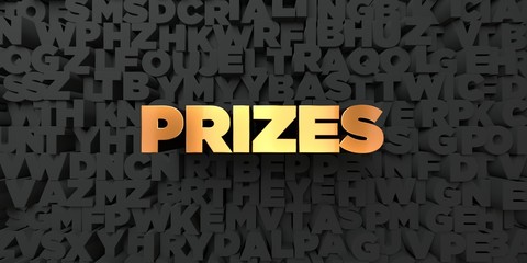 Prizes - Gold text on black background - 3D rendered royalty free stock picture. This image can be used for an online website banner ad or a print postcard.