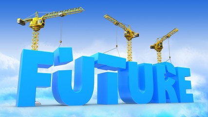 3d illustration of cranes building future word over sky background