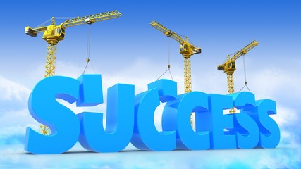3d illustration of cranes building success word over sky background