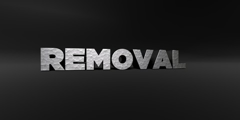 REMOVAL - hammered metal finish text on black studio - 3D rendered royalty free stock photo. This image can be used for an online website banner ad or a print postcard.